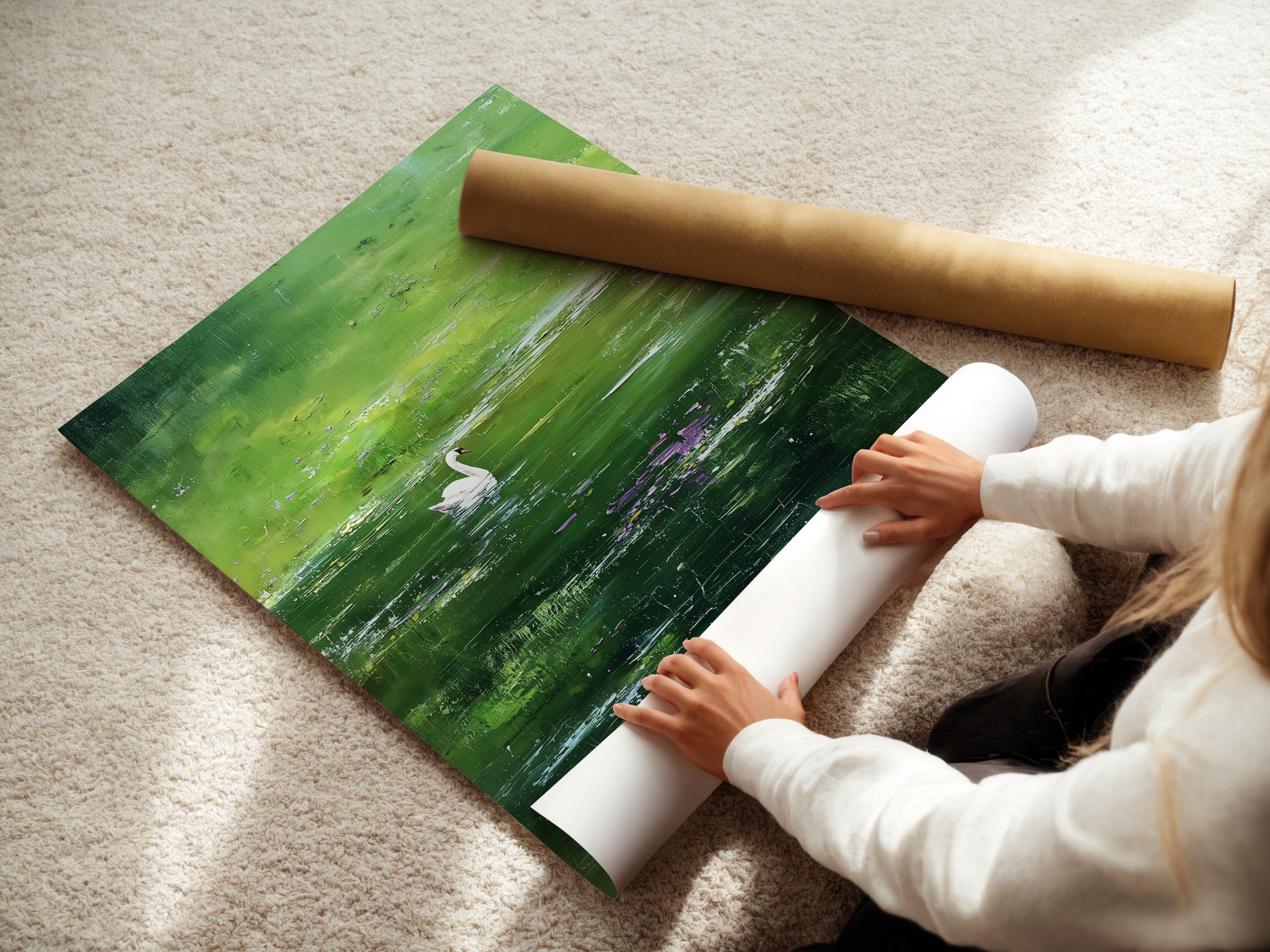 A woman is carefully rolling a fine art poster paper. The poster paper showcases the swan artwork. The fine art paper ensures high-quality reproduction. The poster will be protected during shipping. This is a great way to display art.