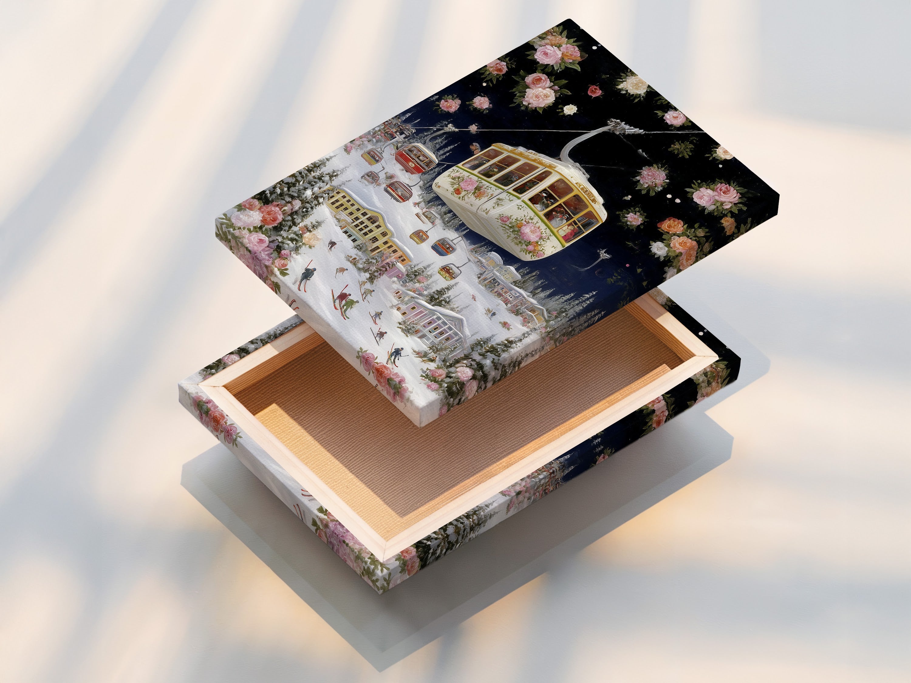 A stretched canvas print featuring a ski resort artwork. This vintage floral alpine artwork showcases a gondola winter landscape. A perfect winter wall art piece for any room. Enhance your space with this alpine decor.