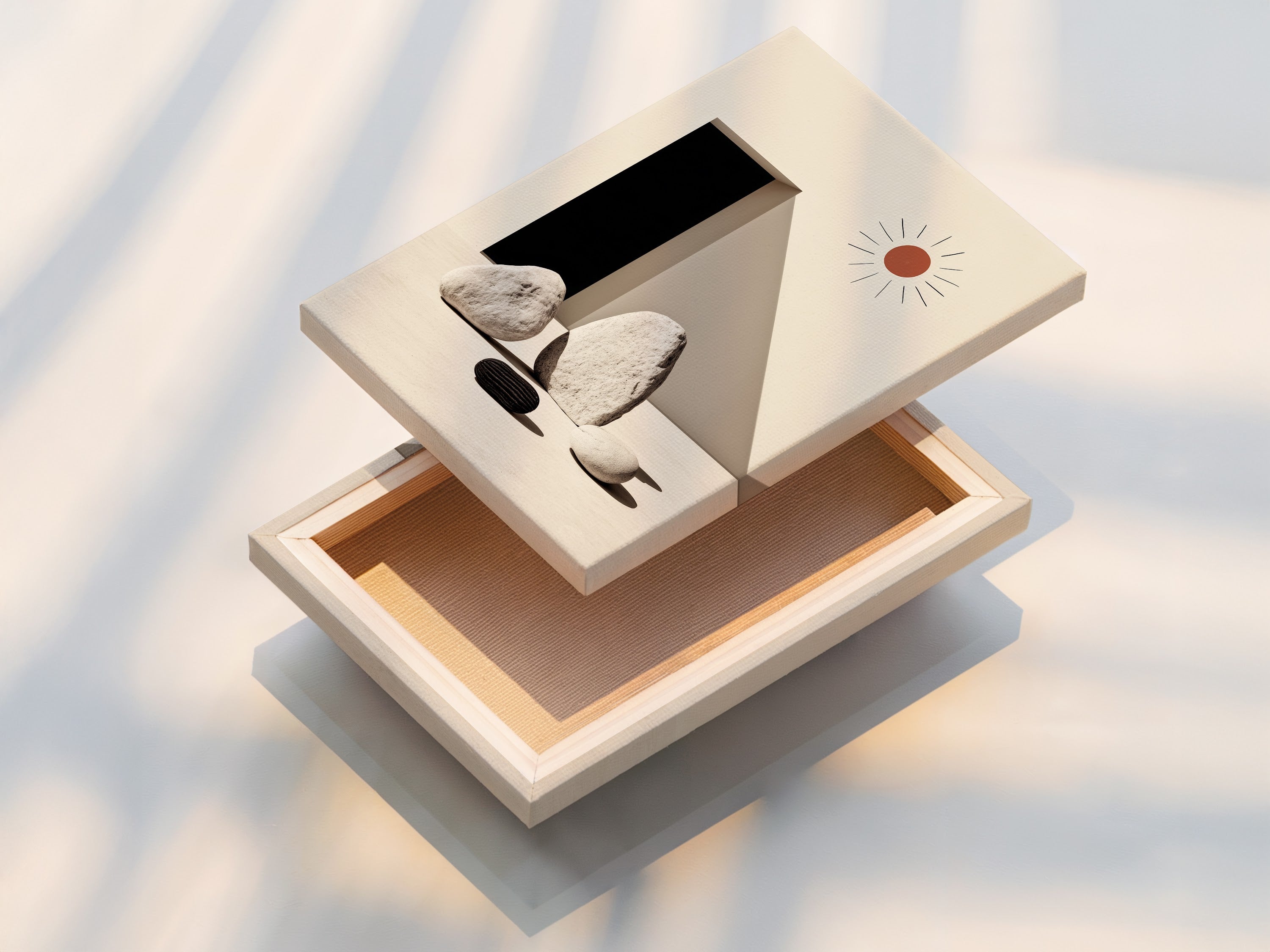 A stretched canvas print of minimalist stone artwork. Geometric shapes and neutral colors create a modern look. This zen art print is perfect for any home or office. The stretched canvas provides a gallery-quality appearance. Add a touch of simple elegance to your wall decor. Enhance your space with this contemporary artwork.