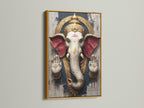 Ganesha Wall Art is radiant in a gold frame. This Hindu Elephant God canvas print provides spiritual wall art. It is perfect bohemian decor for a meditation room. Elevate your yoga studio with this religious artwork.