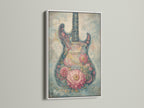 A white frame showcases the guitar art with a clean modern look. The bright white enhances the artwork. It makes the colors pop. This piece is a great addition to any contemporary space. It provides a fresh feel to your home.