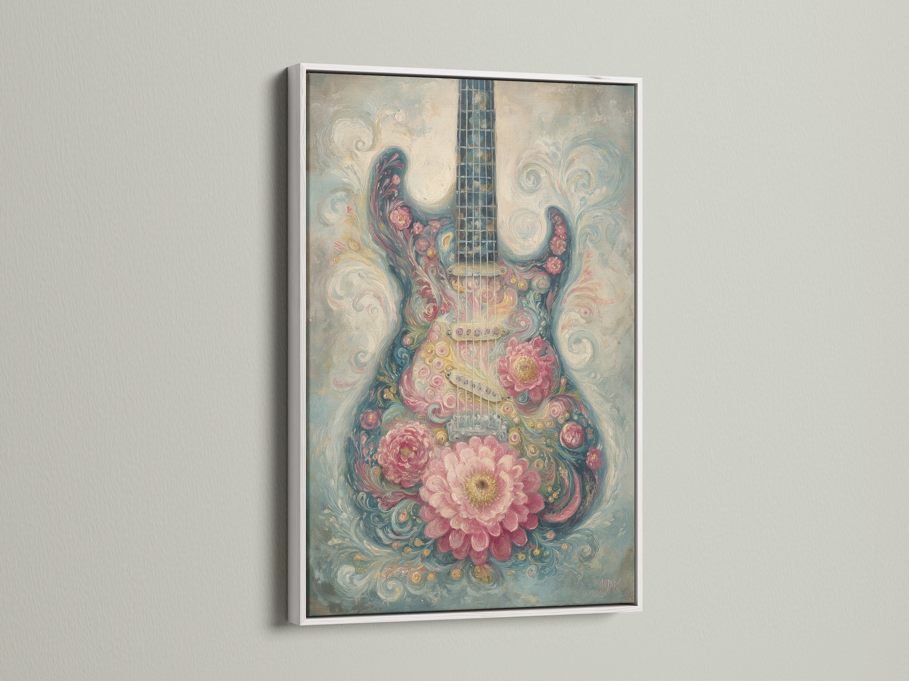 A white frame showcases the guitar art with a clean modern look. The bright white enhances the artwork. It makes the colors pop. This piece is a great addition to any contemporary space. It provides a fresh feel to your home.