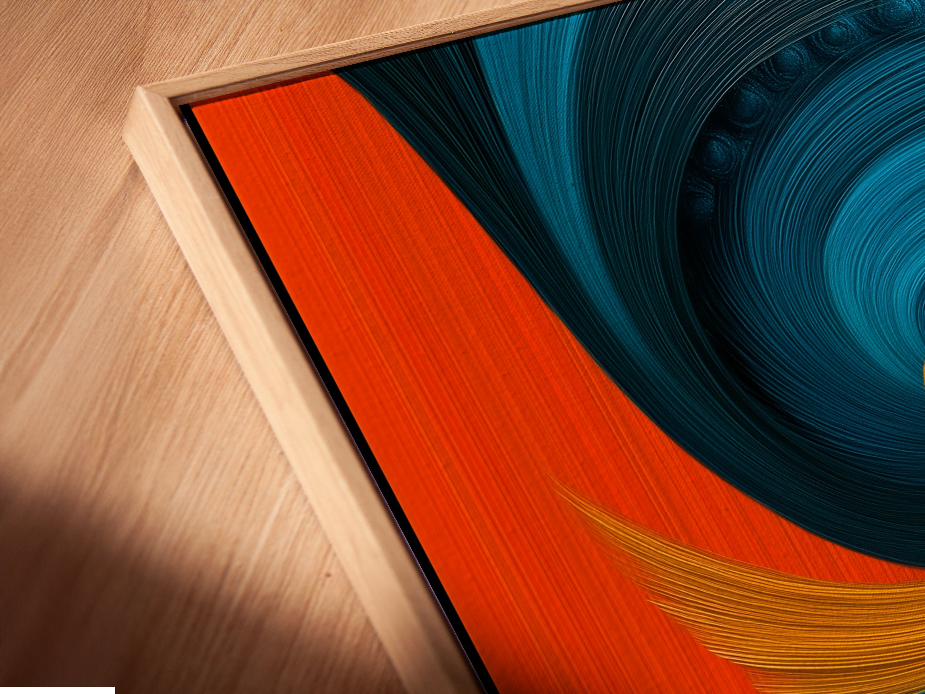 A close up angled view reveals a canvas print in a floating frame. The abstract woman artwork appears to hover. This modern portrait print gains depth and dimension. The floating frame enhances its contemporary appeal for any space.