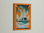 A gold frame highlights Aurora Borealis artwork. This Nordic landscape wall art showcases an open window view. Teal and orange tones enhance the winter landscape. The frame adds elegance to this modern home art piece.