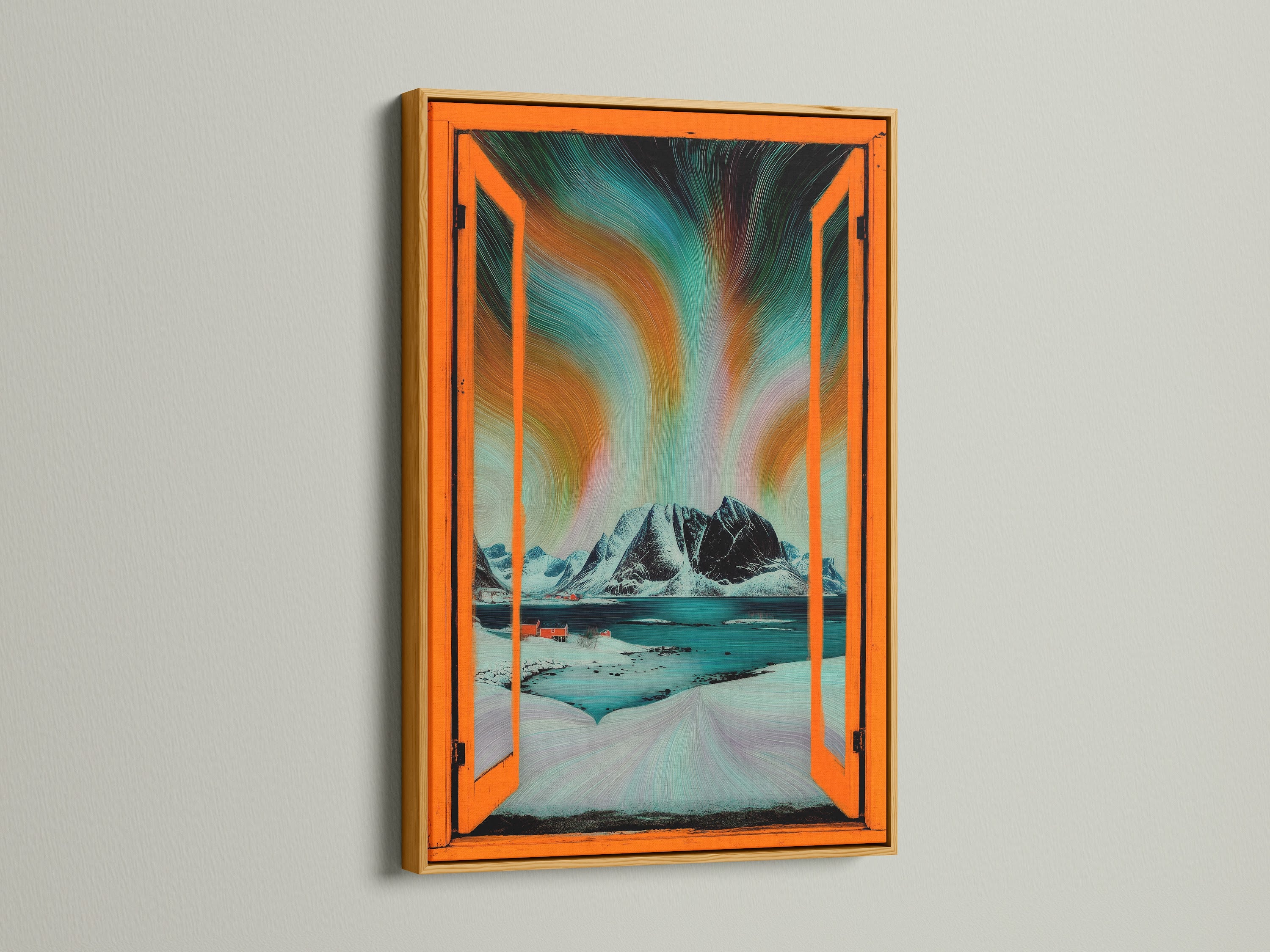 A gold frame highlights Aurora Borealis artwork. This Nordic landscape wall art showcases an open window view. Teal and orange tones enhance the winter landscape. The frame adds elegance to this modern home art piece.
