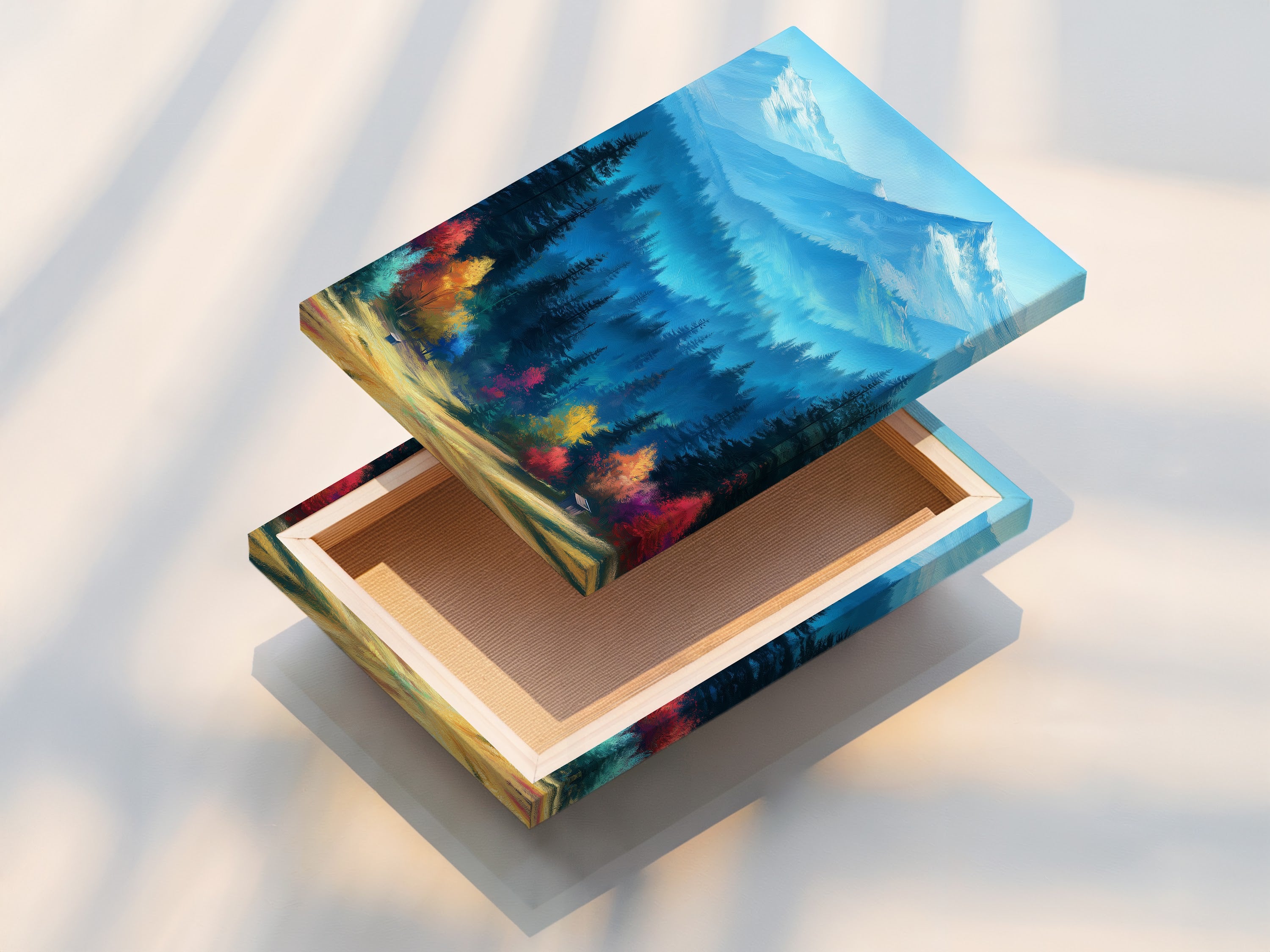 Stretched Canvas Print of a Mountain Landscape. The artwork features a colorful autumn forest and blue mountains. This stretched canvas print is ready to hang. It's perfect for cabin decor or rustic wall art. Add a touch of nature to your living room or bedroom. Enjoy the vibrant colors.