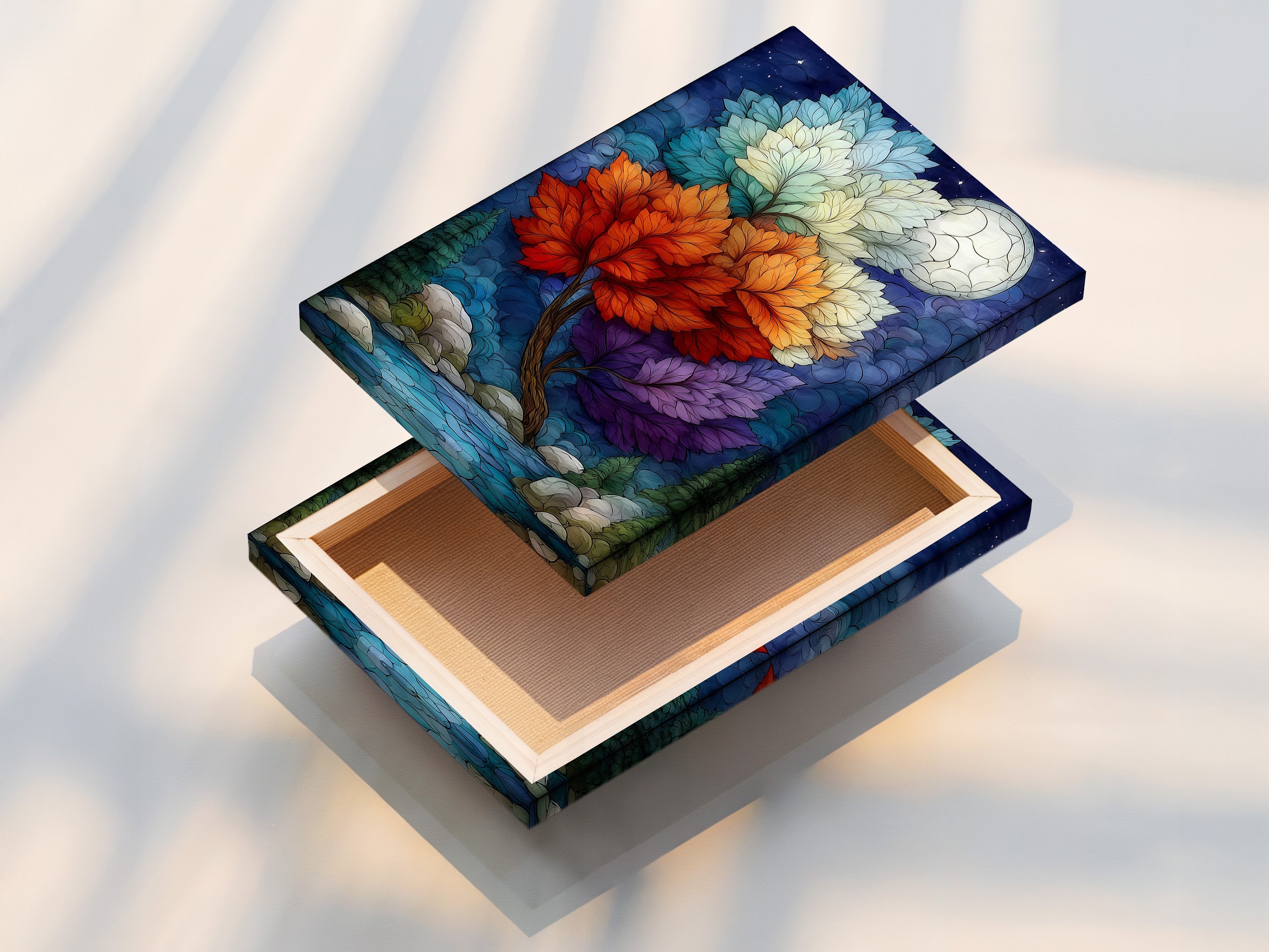 A stretched canvas print of a magical tree artwork is displayed. The artwork features a colorful nature scene with a fantasy moon. This nature fantasy art is perfect for adding a touch of whimsy to your decor. It's ideal for homeowners renters and interior stylists.