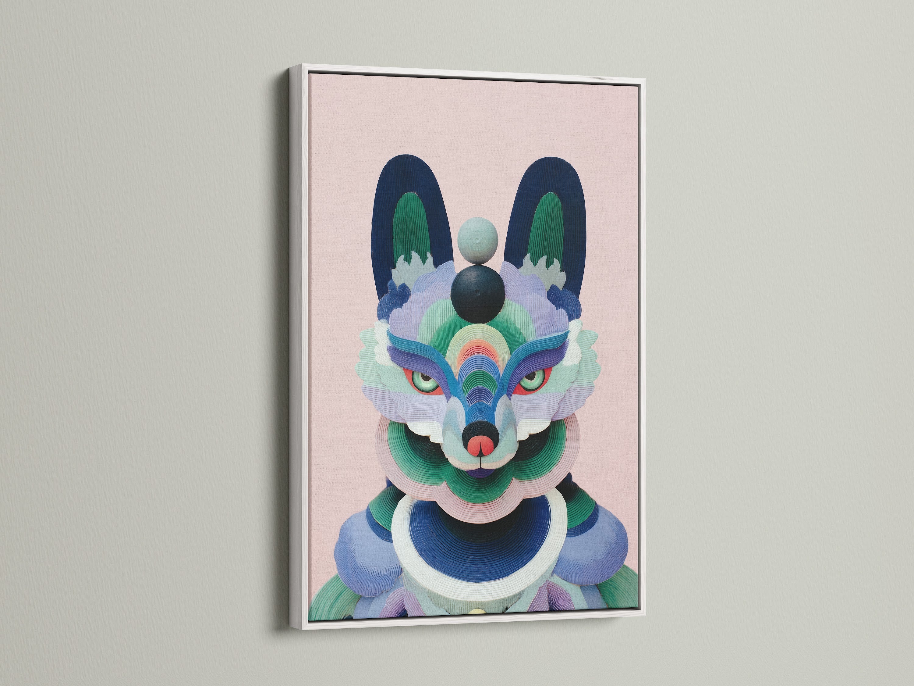 Geometric Fox artwork with a white frame. The colorful abstract fox poster enhances nursery and bedroom decor. It brings a modern and playful touch to kids' rooms and creative spaces with its vibrant art.
