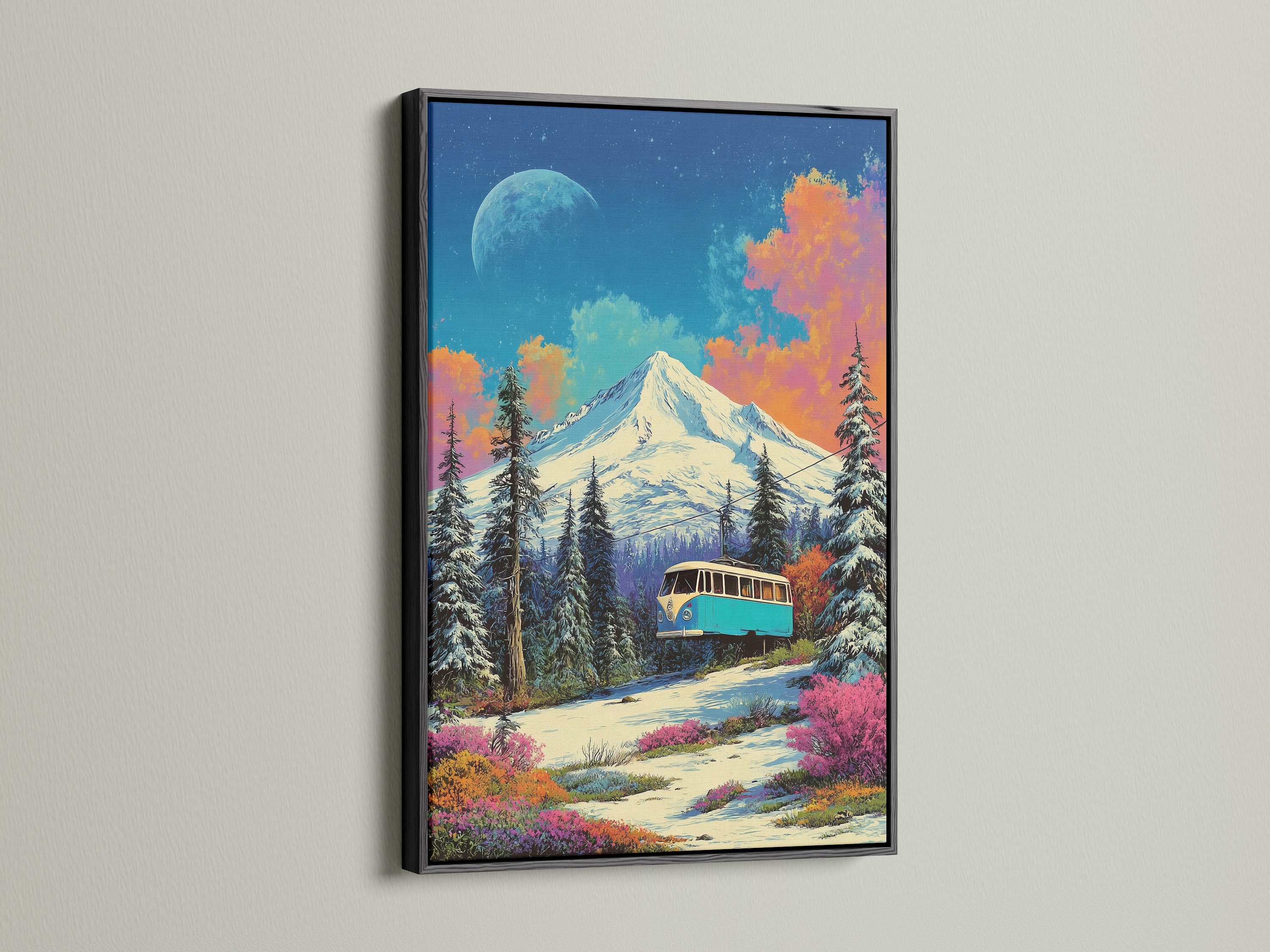 Vintage bus mountain artwork in a black frame. This retro travel artwork shows a colorful adventure landscape. It's great for adding a unique touch to your home or office decor collection.