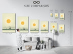 A size comparison chart is displayed in an interior setting. This chart helps visualize the dimensions of the artwork. See how the desert landscape canvas print fits in your space. The warm earth tones complement any decor. It is minimalist wall art.
