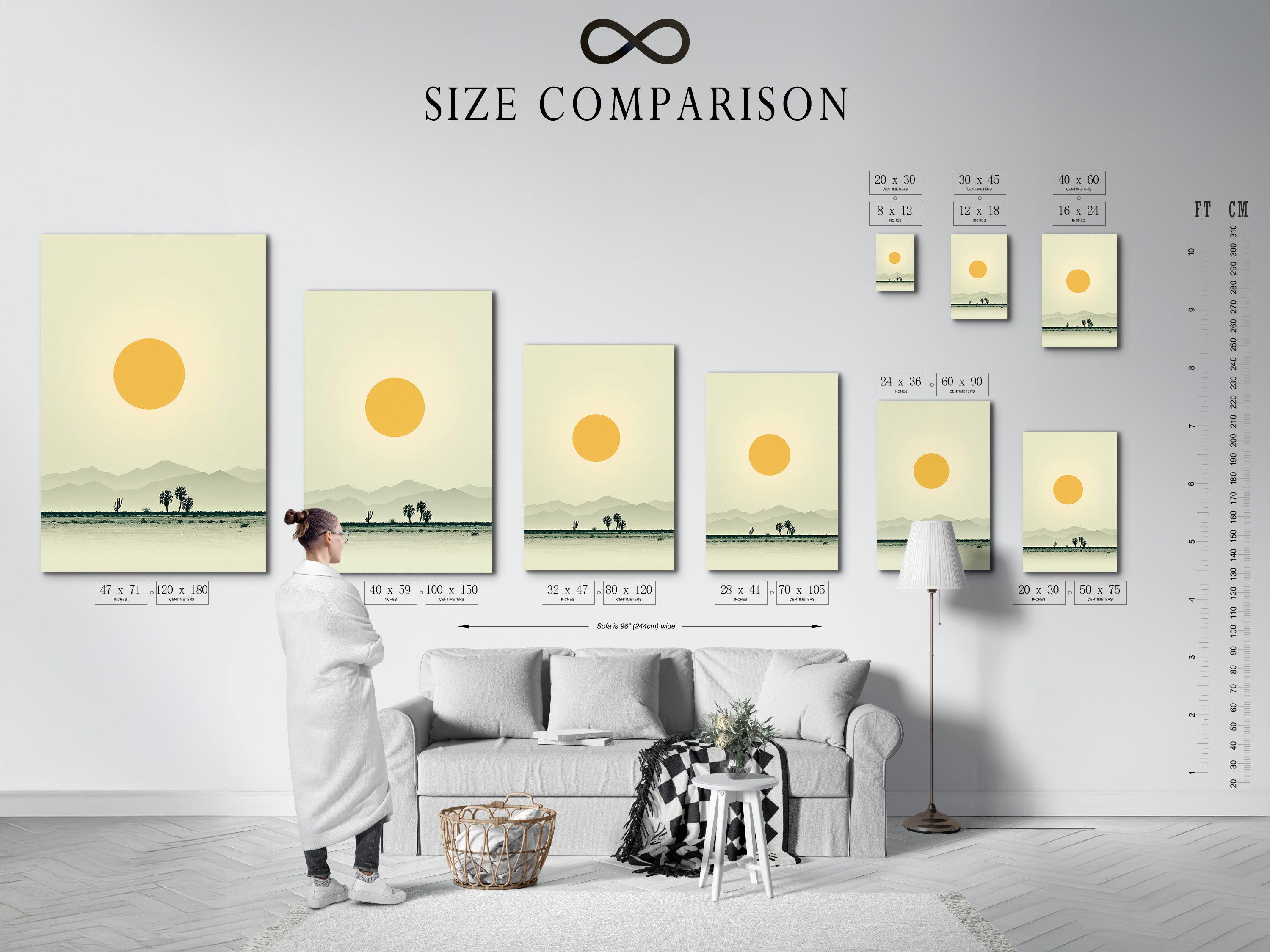 A size comparison chart is displayed in an interior setting. This chart helps visualize the dimensions of the artwork. See how the desert landscape canvas print fits in your space. The warm earth tones complement any decor. It is minimalist wall art.