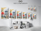 Size comparison chart in an interior setting. See how Charleston architecture artwork fits in your space. Visualize this cityscape canvas in your home or office. Featuring a historic building with autumn street art. Find the perfect size for your Carolina art.