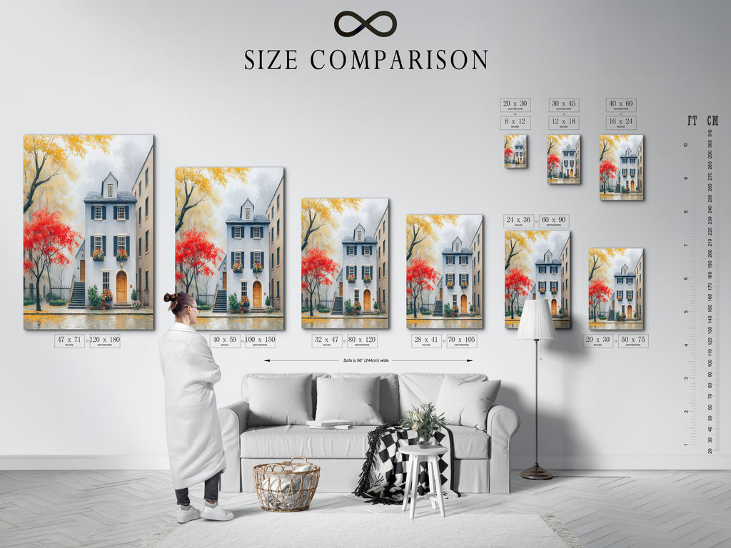 Size comparison chart displayed in an interior setting. Various sizes of Charleston architecture artwork are shown. See how the cityscape art fits in different spaces. Visualize the impact of this historic building artwork. Find the perfect size for your home wall decor.
