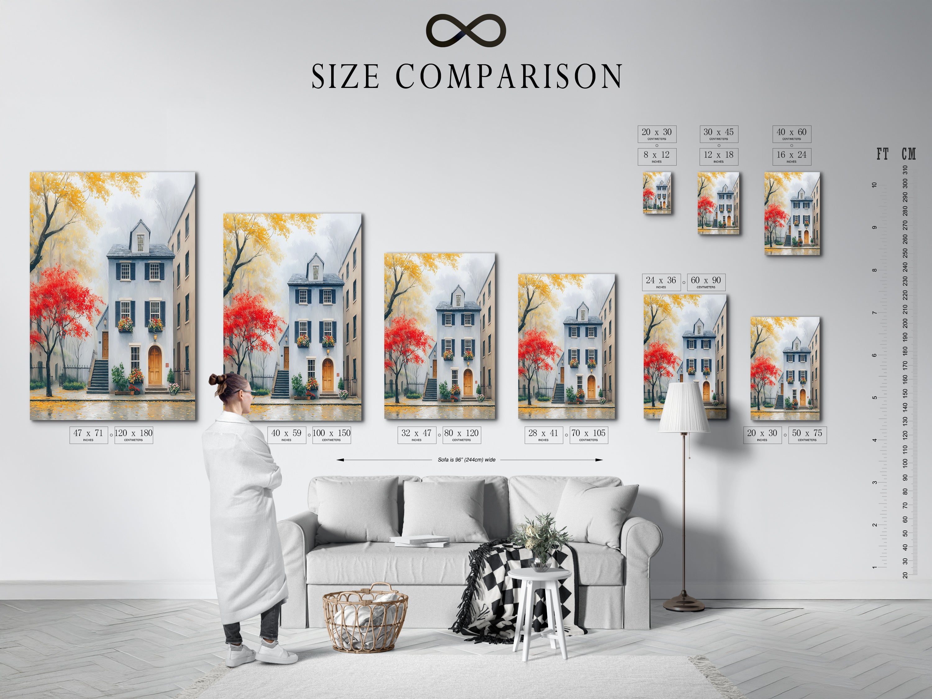 Size comparison chart displayed in an interior setting. Various sizes of Charleston architecture artwork are shown. See how the cityscape art fits in different spaces. Visualize the impact of this historic building artwork. Find the perfect size for your home wall decor.
