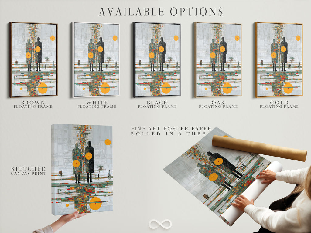 Available options for abstract human figures artwork. Includes stretched canvas print fine art poster paper and floating frame. The orange circle adds a modern touch. Customize your office decor with these versatile choices. Elevate your space with contemporary canvas art.