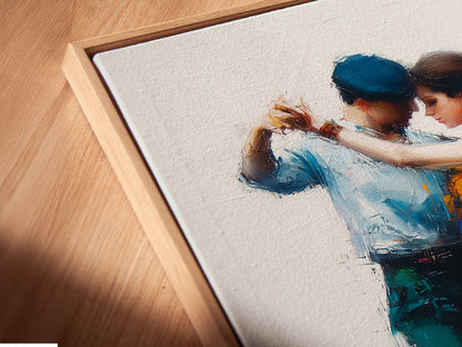 A close-up angled view shows a canvas print in a floating frame. The floating frame gives the artwork a sophisticated look. It enhances the depth and dimension of the piece. This is a great way to display your favorite art.