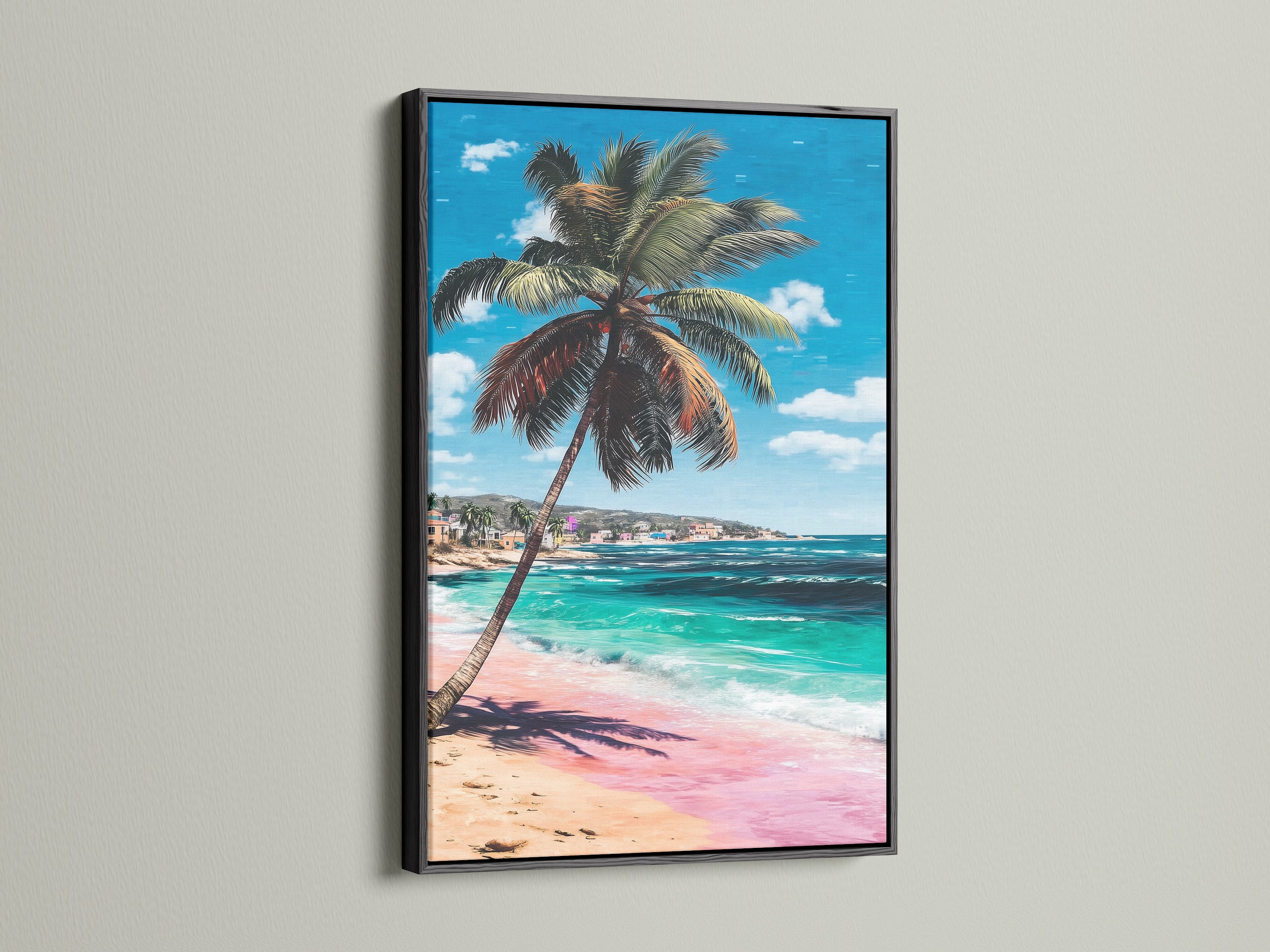 Coastal artwork featuring a palm tree beach in a black frame. The turquoise ocean and pink sand create a relaxing summer vibe. Ideal as beachy wall art for vacation homes or modern interiors.