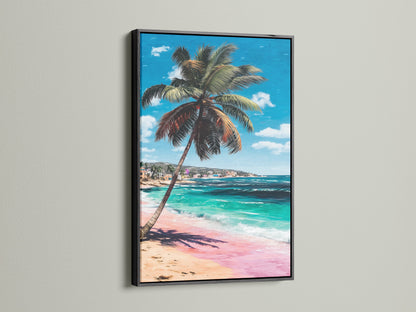 Coastal artwork featuring a palm tree beach in a black frame. The turquoise ocean and pink sand create a relaxing summer vibe. Ideal as beachy wall art for vacation homes or modern interiors.