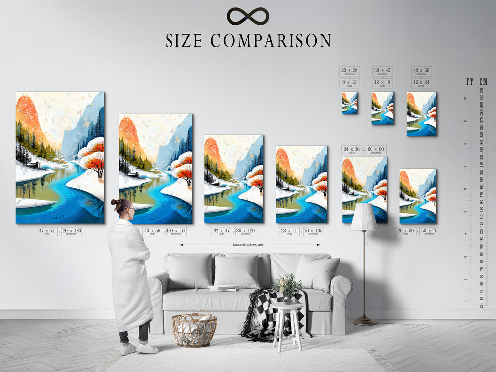 Compare sizes with our handy chart in an interior setting. See how this winter mountain river artwork fits in your space. Visualize the teal and orange nature print on your wall. This helps you choose the perfect size for your needs. Make an informed decision and enhance your home decor.