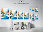 Compare sizes with our handy chart in an interior setting. See how this winter mountain river artwork fits in your space. Visualize the teal and orange nature print on your wall. This helps you choose the perfect size for your needs. Make an informed decision and enhance your home decor.