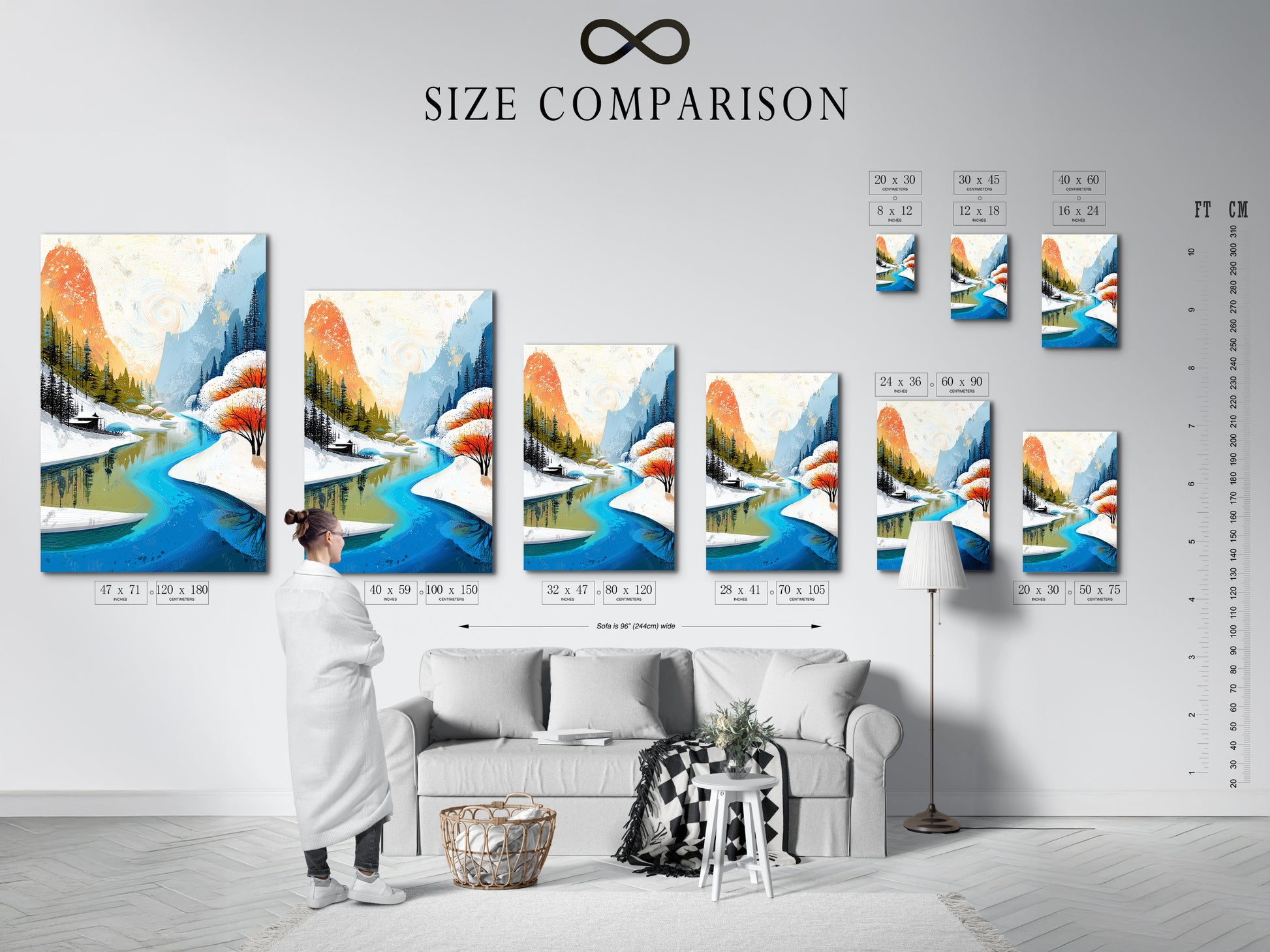 Compare sizes with our handy chart in an interior setting. See how this winter mountain river artwork fits in your space. Visualize the teal and orange nature print on your wall. This helps you choose the perfect size for your needs. Make an informed decision and enhance your home decor.