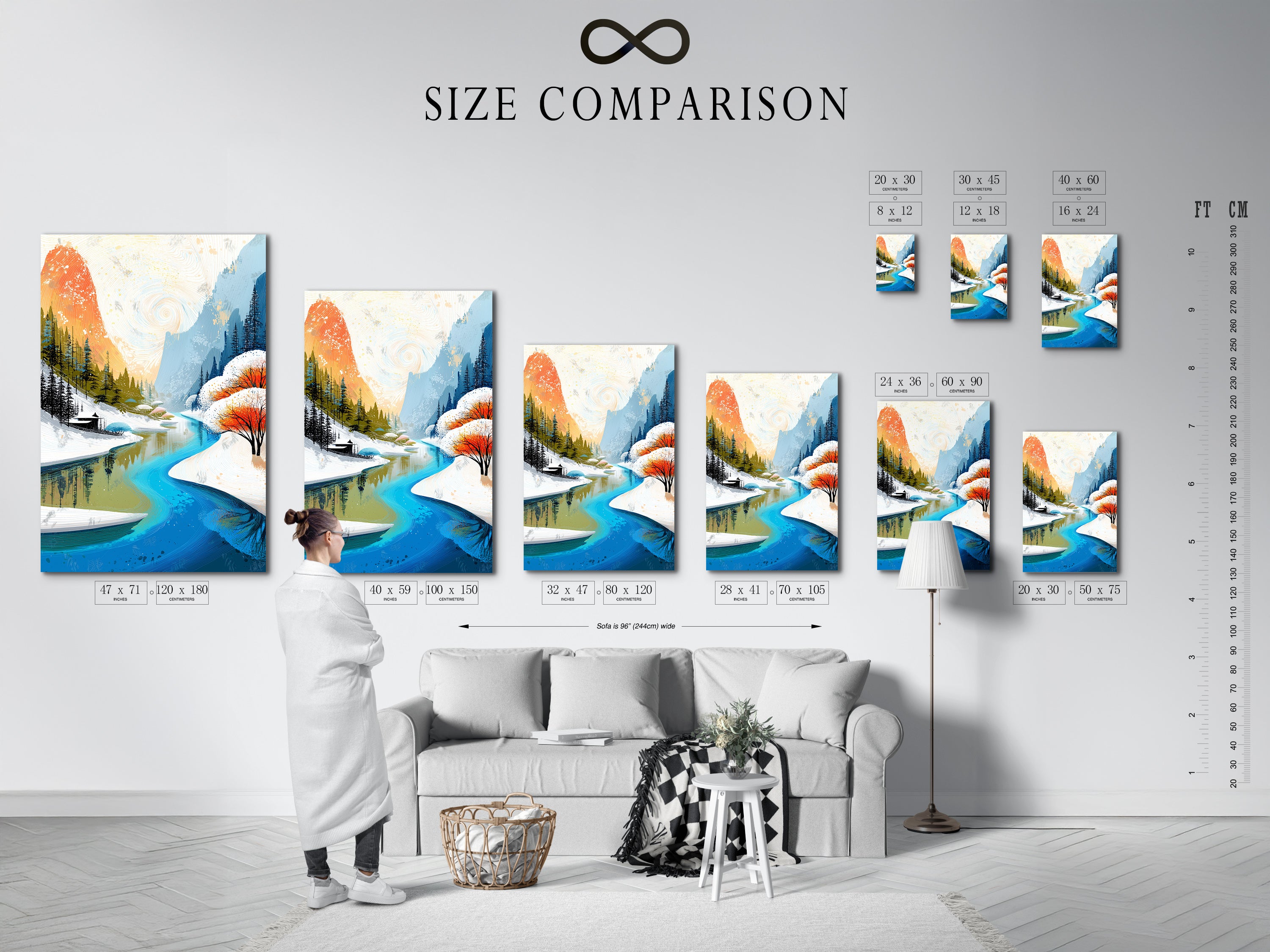 Compare sizes with our handy chart in an interior setting. See how this winter mountain river artwork fits in your space. Visualize the teal and orange nature print on your wall. This helps you choose the perfect size for your needs. Make an informed decision and enhance your home decor.