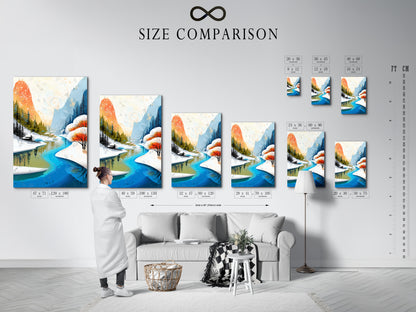 Compare sizes with our handy chart in an interior setting. See how this winter mountain river artwork fits in your space. Visualize the teal and orange nature print on your wall. This helps you choose the perfect size for your needs. Make an informed decision and enhance your home decor.