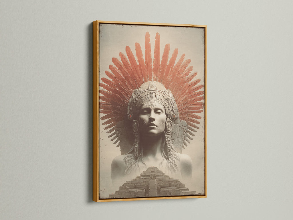 A luxurious gold frame art piece exudes opulence. The artwork presents an indigenous person with red feathers and a temple. It brings a touch of glamour to any space. Browse our collection of gold framed art. Elevate your art with a touch of elegance.