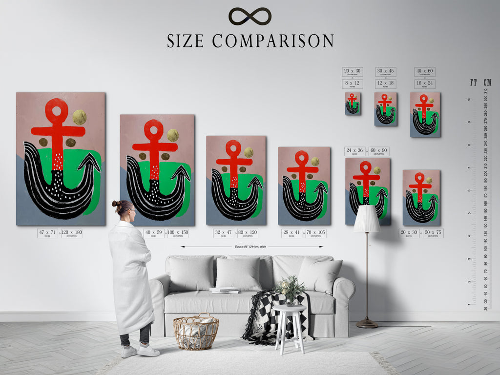 A size comparison chart displayed in an interior setting. This chart helps visualize the artwork's dimensions. Different sizes are shown to fit various spaces. Choose the perfect size for your wall art needs.