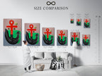 A size comparison chart displayed in an interior setting. This chart helps visualize the artwork's dimensions. Different sizes are shown to fit various spaces. Choose the perfect size for your wall art needs.