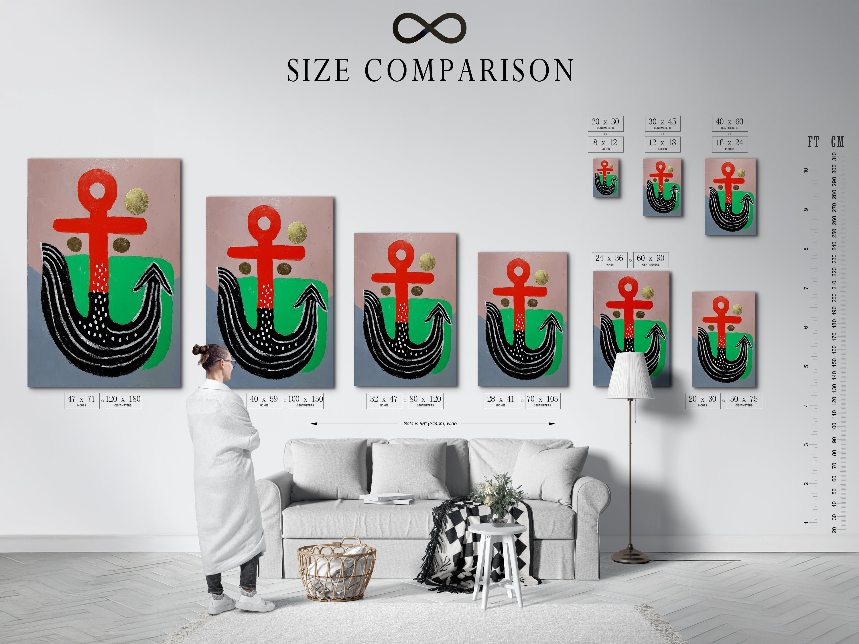 A size comparison chart displayed in an interior setting. This chart helps visualize the artwork's dimensions. Different sizes are shown to fit various spaces. Choose the perfect size for your wall art needs.
