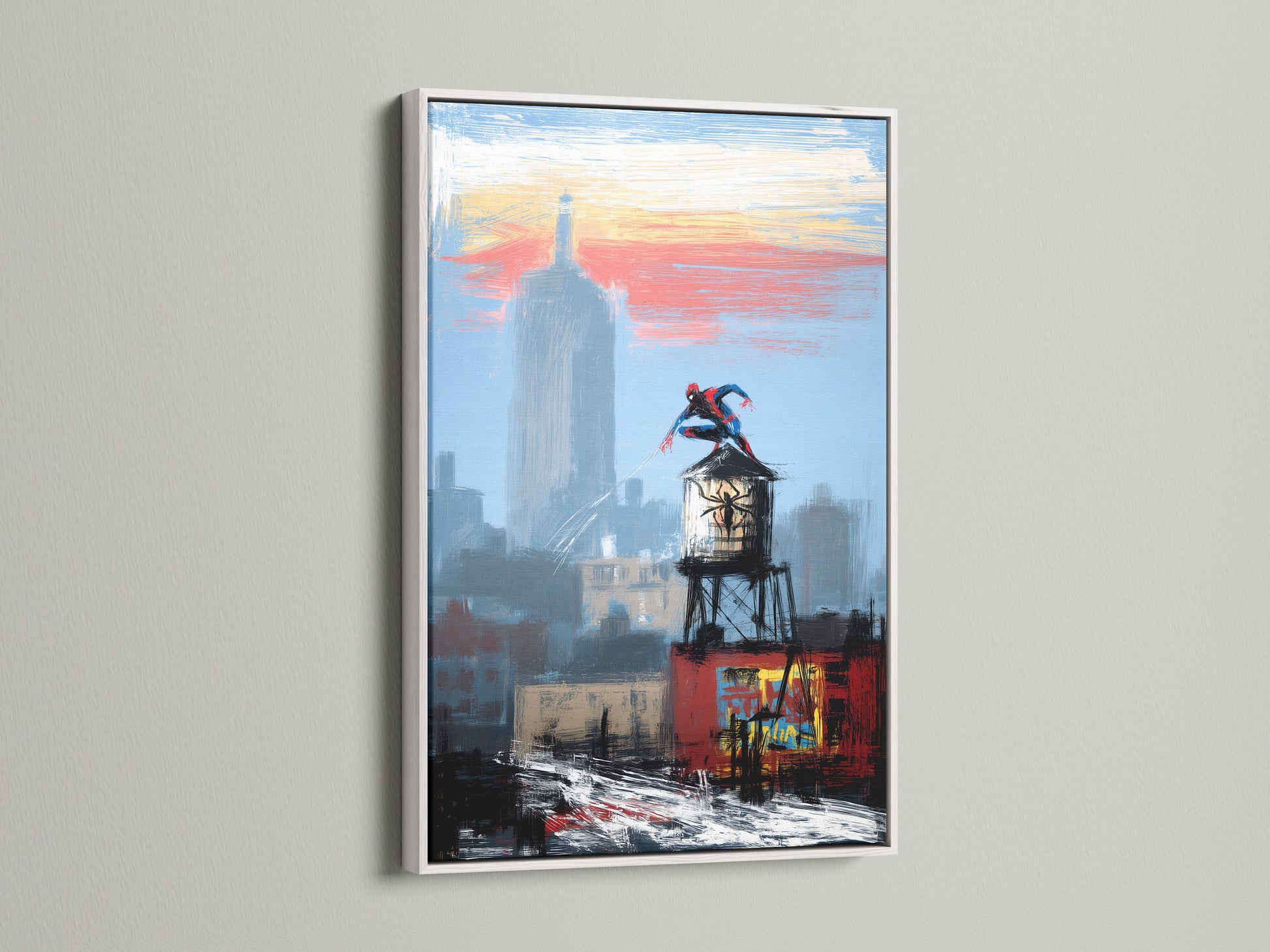 Urban superhero wall art featuring a dynamic city skyline. The canvas print is set in a clean white frame complementing the artwork's contemporary style. Perfect for a modern office or home decor.