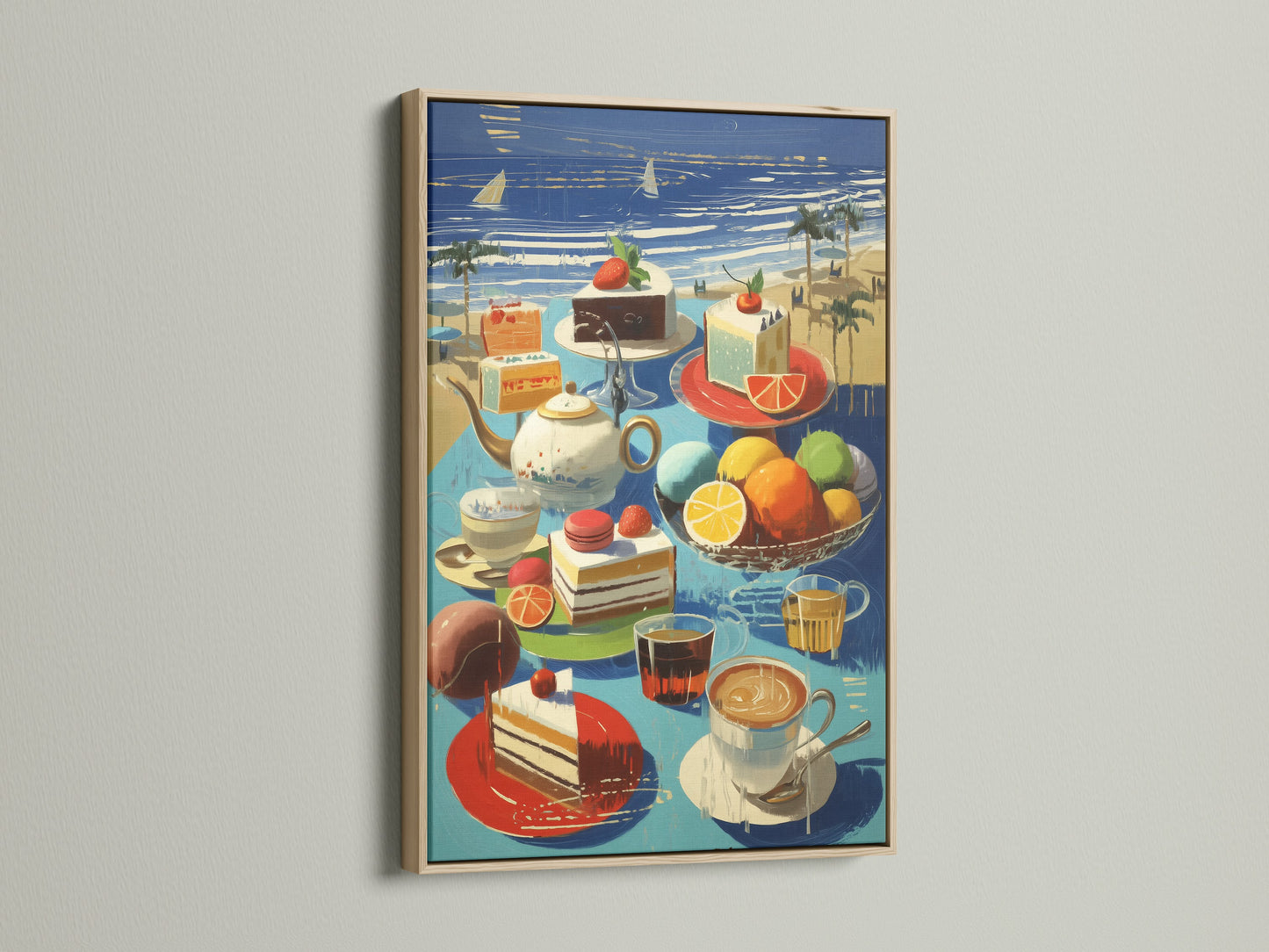 A coastal still life artwork is displayed in an oak frame. The beach cafe wall art showcases summer fruit and cake. Perfect for kitchen decor this still life print adds a touch of seaside charm. Enhance your space with this colorful art print.