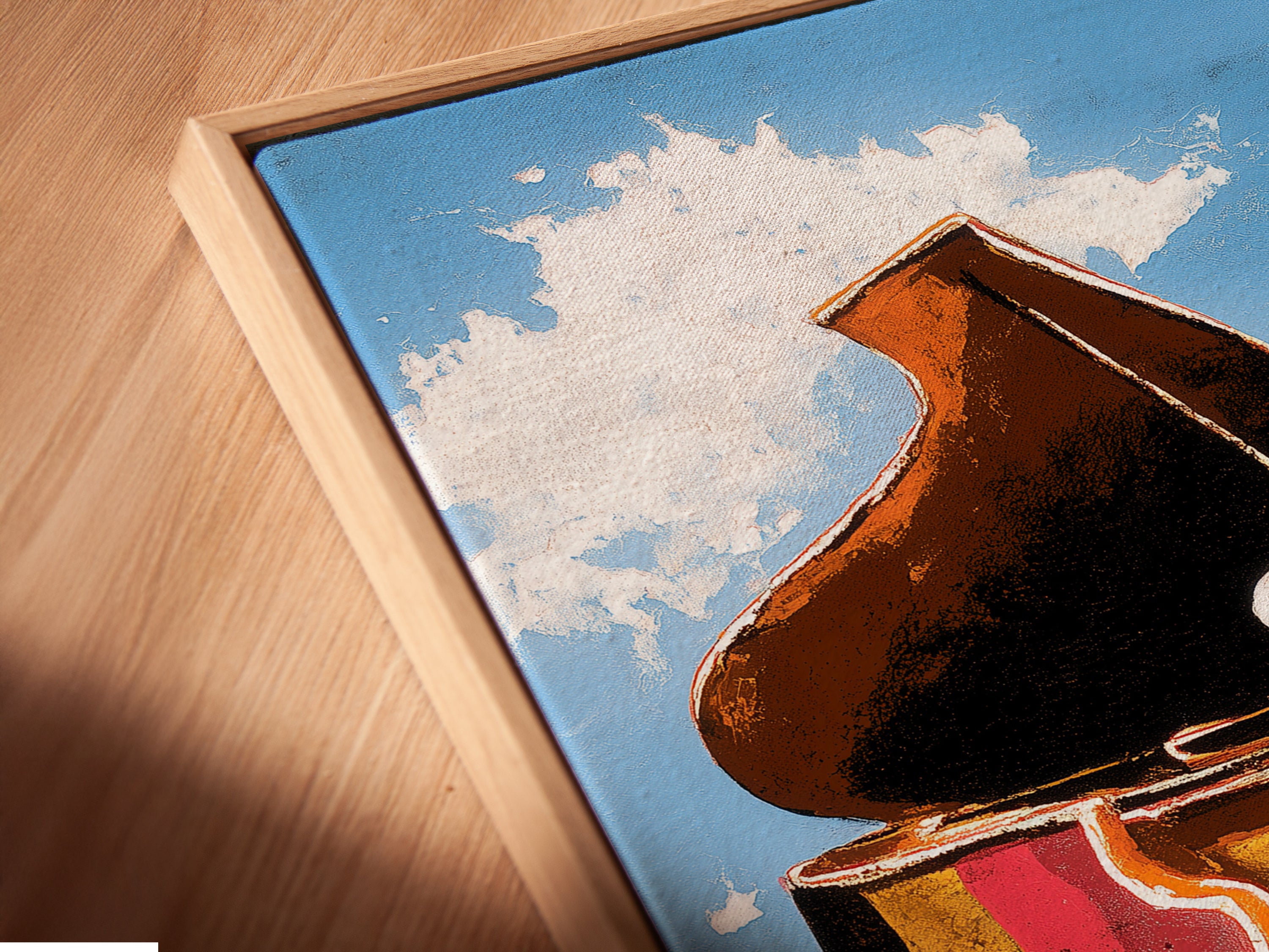 A close-up view of the canvas print in a floating frame. The floating frame gives the artwork a modern and airy feel. It separates the canvas from the wall creating a unique look. Perfect for showcasing the details and colors of the artwork. Add depth and style to your walls.