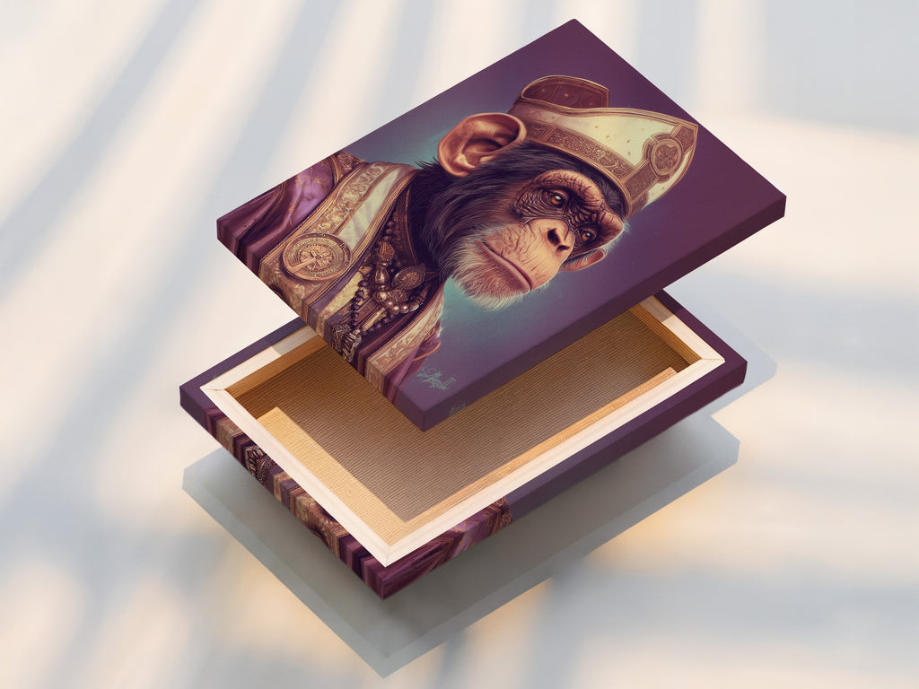 This is a stretched canvas print of the chimp pope artwork. The canvas texture adds depth and richness to the image. This stretched canvas print is ready to hang. It is a great option for adding a touch of humor and sophistication to any room. It is perfect for art collectors and home decorators.