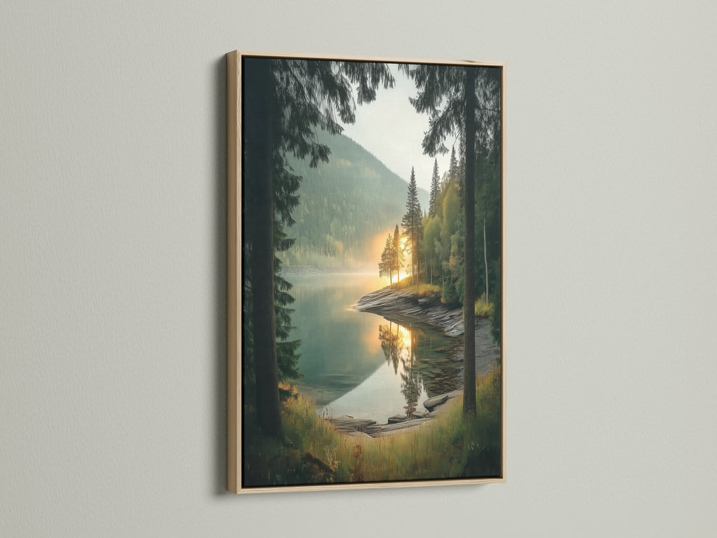 Enhance your misty mountain art with an oak frame.  This frame provides a warm natural touch. Perfect for serene decor in living rooms bedrooms cabins studios lobbies clinics or boardrooms