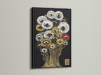 View abstract floral tree artwork in a sleek black frame. The artwork with gold botanical elements makes a statement. Modern graphic artwork elevates your office decor. This contemporary art piece will impress.