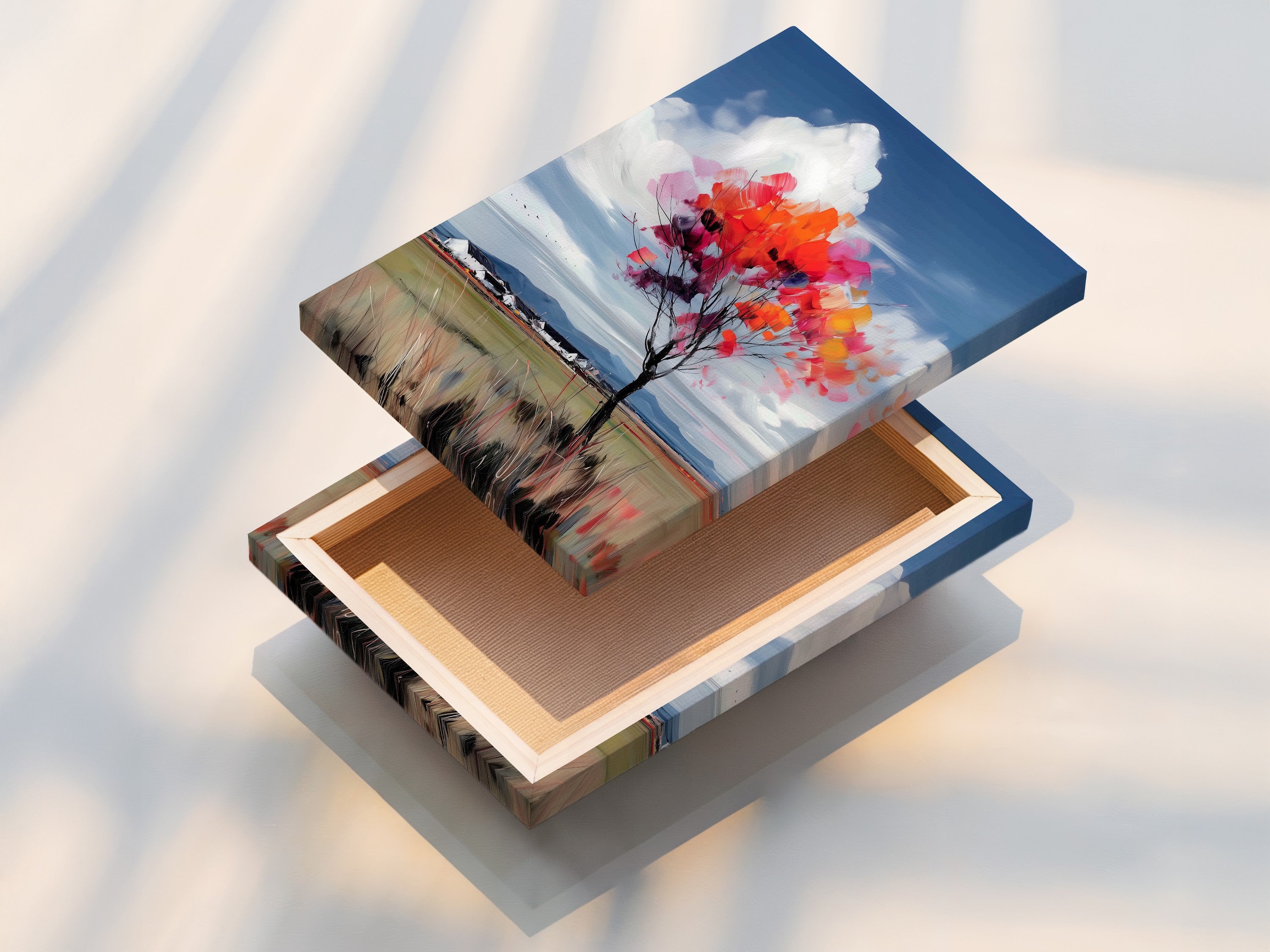 This stretched canvas print features a colorful autumn tree artwork. The fall foliage print brings a vibrant landscape to life. Perfect for adding a touch of nature to your living room or office. The stretched canvas ensures a gallery-quality display. The vibrant colors enhance any space.