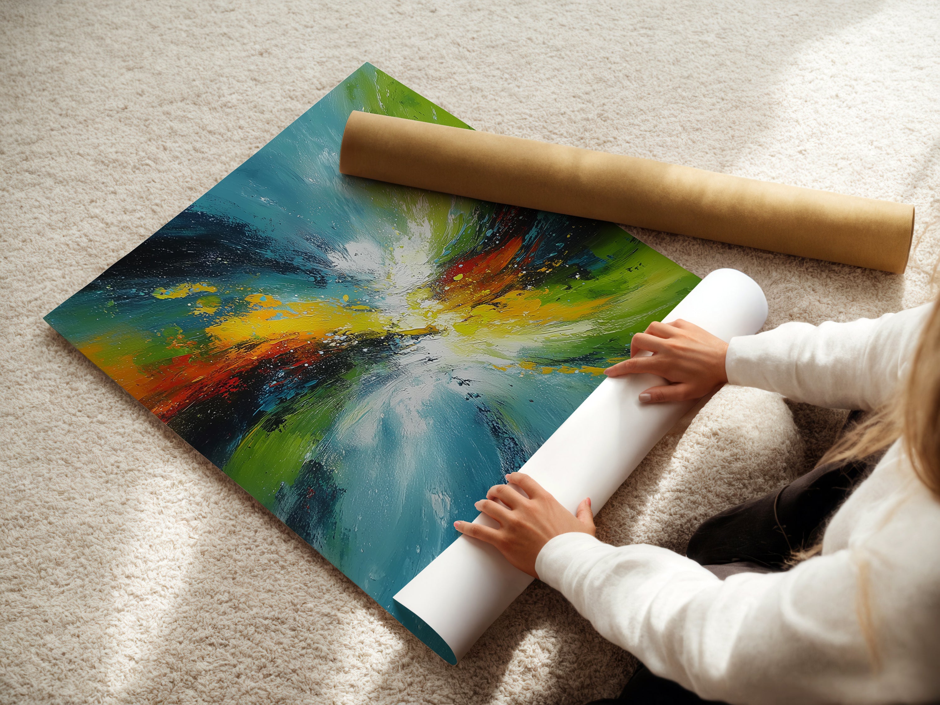 A woman is carefully rolling a fine art poster paper. This high quality paper is perfect for printing vibrant abstract swirl artworks. Ideal for creating stunning wall art for homes offices and creative spaces. Ensure your artwork looks its best with premium materials.
