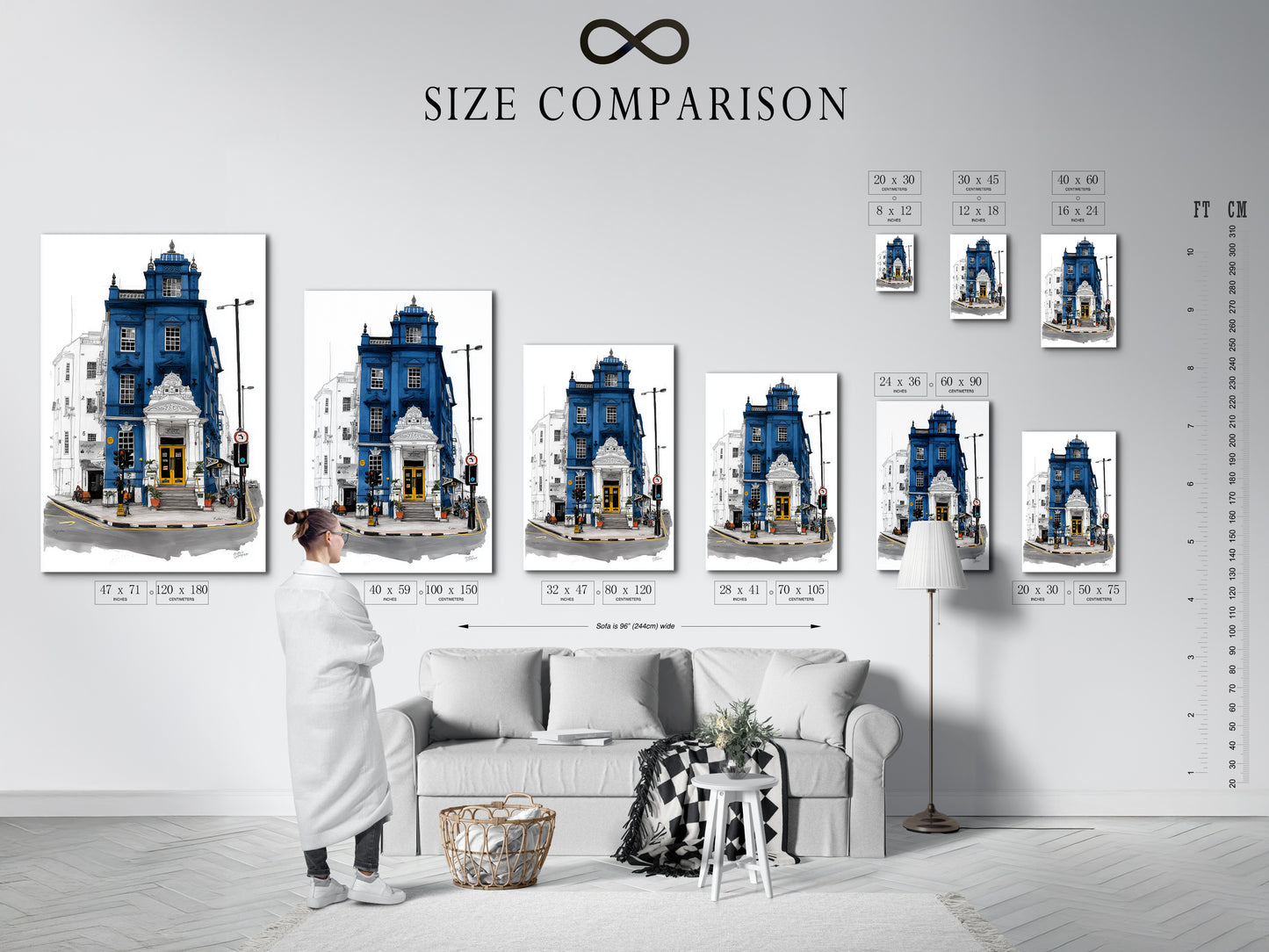Size comparison chart in an interior setting. London Architecture Art is shown in various sizes. Visualize how this blue building art will look in your home or office. Find the perfect size for your urban wall decor.