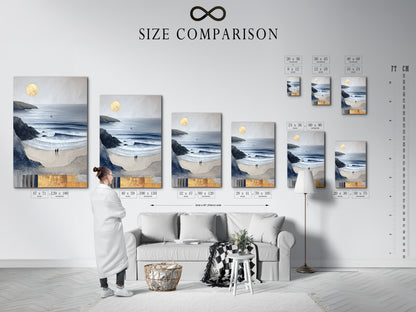 Size comparison chart displayed in an interior setting. See how the coastal artwork fits in various spaces. Plan your beach wall art arrangement easily. Visualize the impact of each modern art print size.