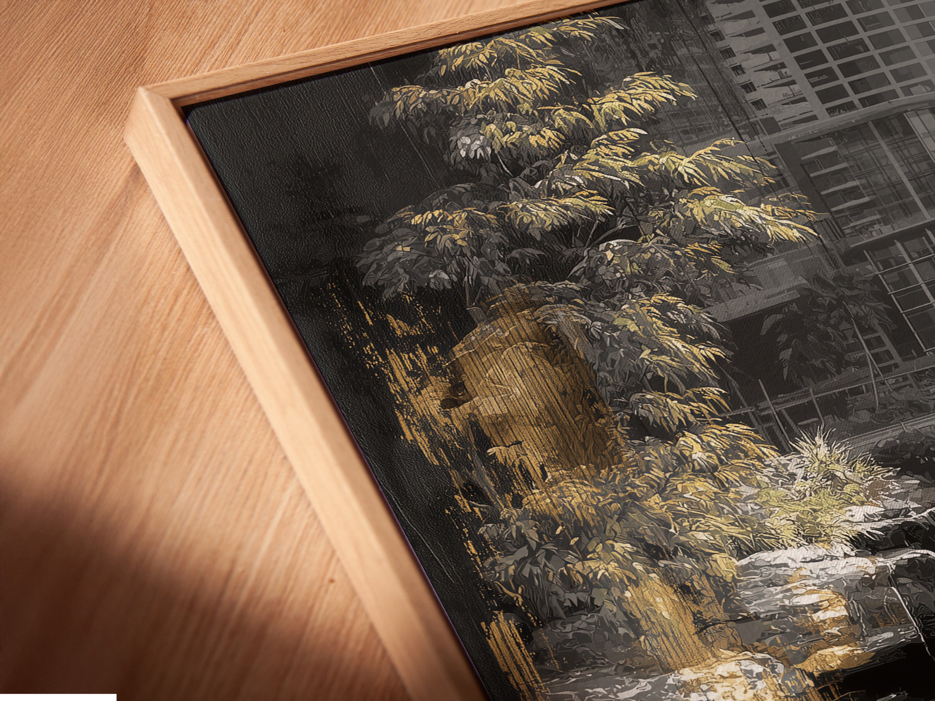 A close up of a canvas print in a floating frame. The waterfall art brings an urban nature theme. This zen garden print is perfect for a tranquil space. The floating frame adds a modern touch. The golden accents enhance this contemporary artwork.