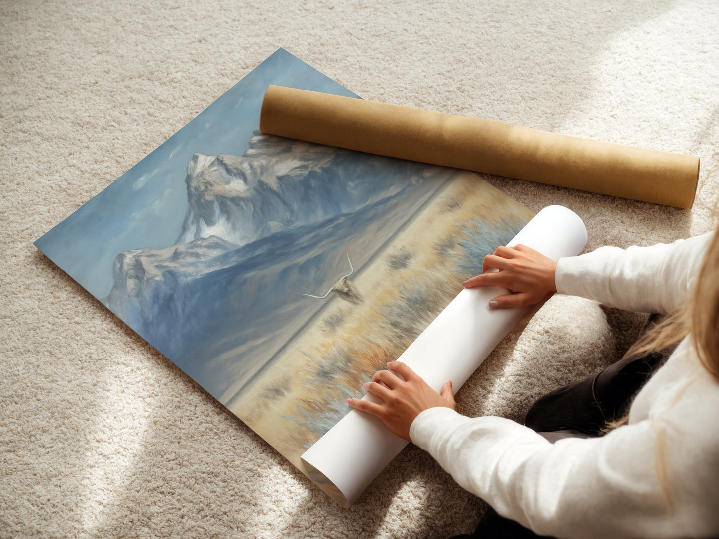 A woman carefully rolls a fine art poster paper featuring mountain and highland cattle. This rustic farmhouse wall art is ready for framing. The fine art poster paper ensures high-quality reproduction. Perfect for adding countryside charm to your home or office.