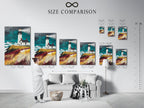 A size comparison chart is displayed in an interior setting. It shows the various sizes available for the lighthouse coastal artwork. This nautical seascape print can be customized to fit any space. Use this chart to visualize the perfect fit for your living room or office. Choose the ideal size for your ocean wall art today.