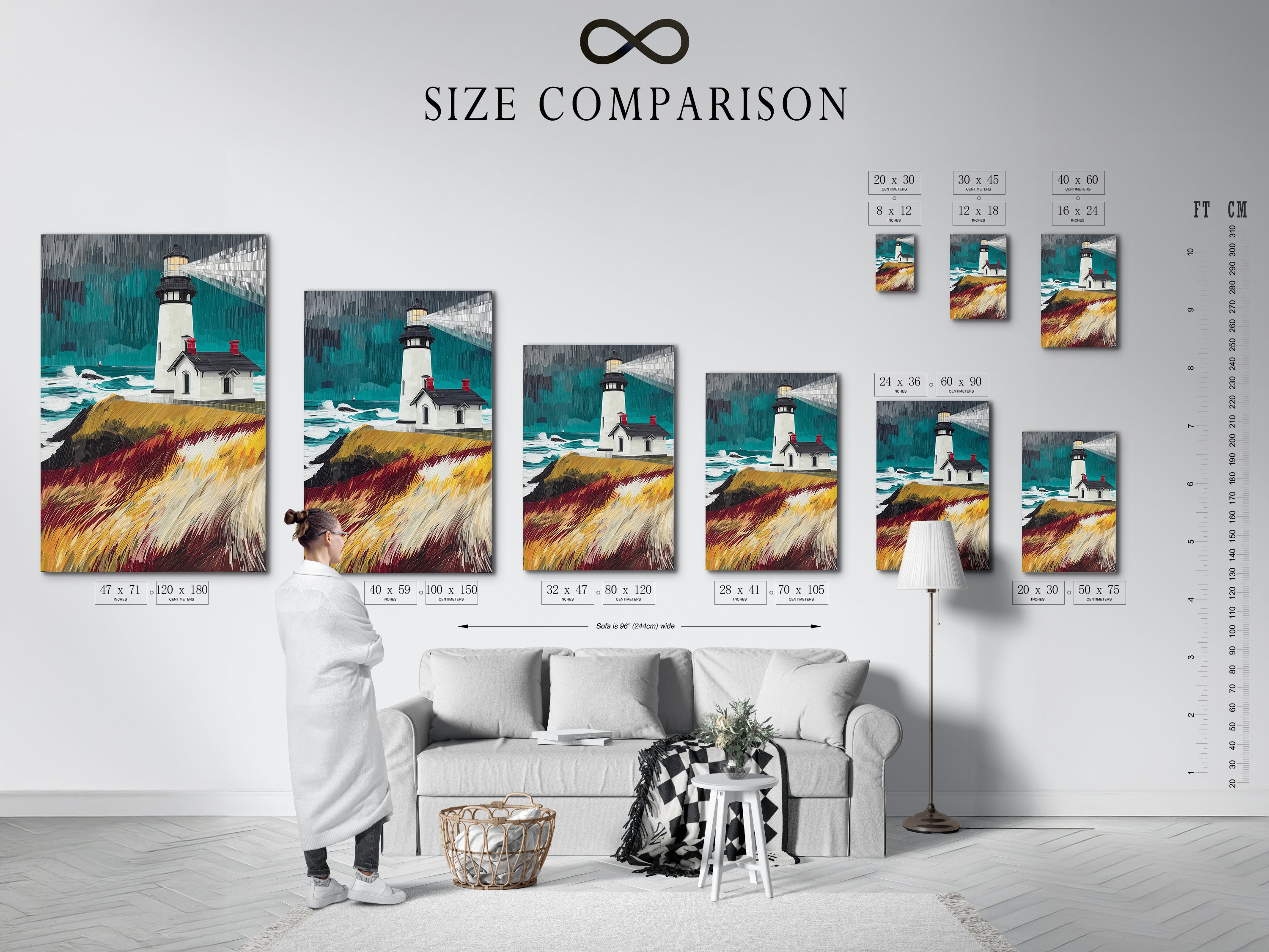A size comparison chart is displayed in an interior setting. It shows the various sizes available for the lighthouse coastal artwork. This nautical seascape print can be customized to fit any space. Use this chart to visualize the perfect fit for your living room or office. Choose the ideal size for your ocean wall art today.