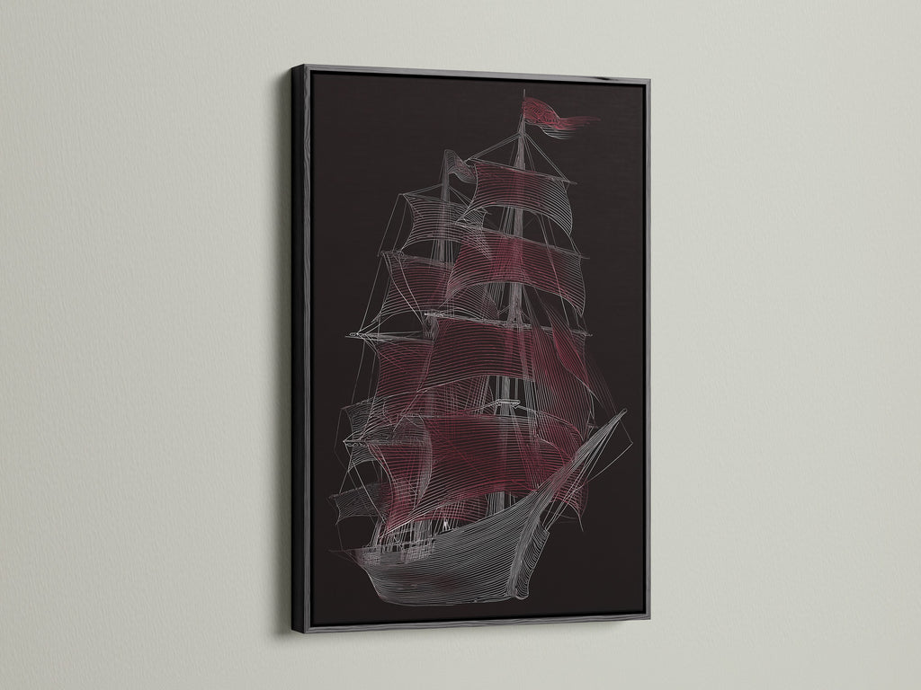 Sailing Ship Wall Art in a Black Frame. This nautical canvas features a vessel wall art piece. A striking line art print ideal for a sailor gift. The black frame provides a bold contrast.