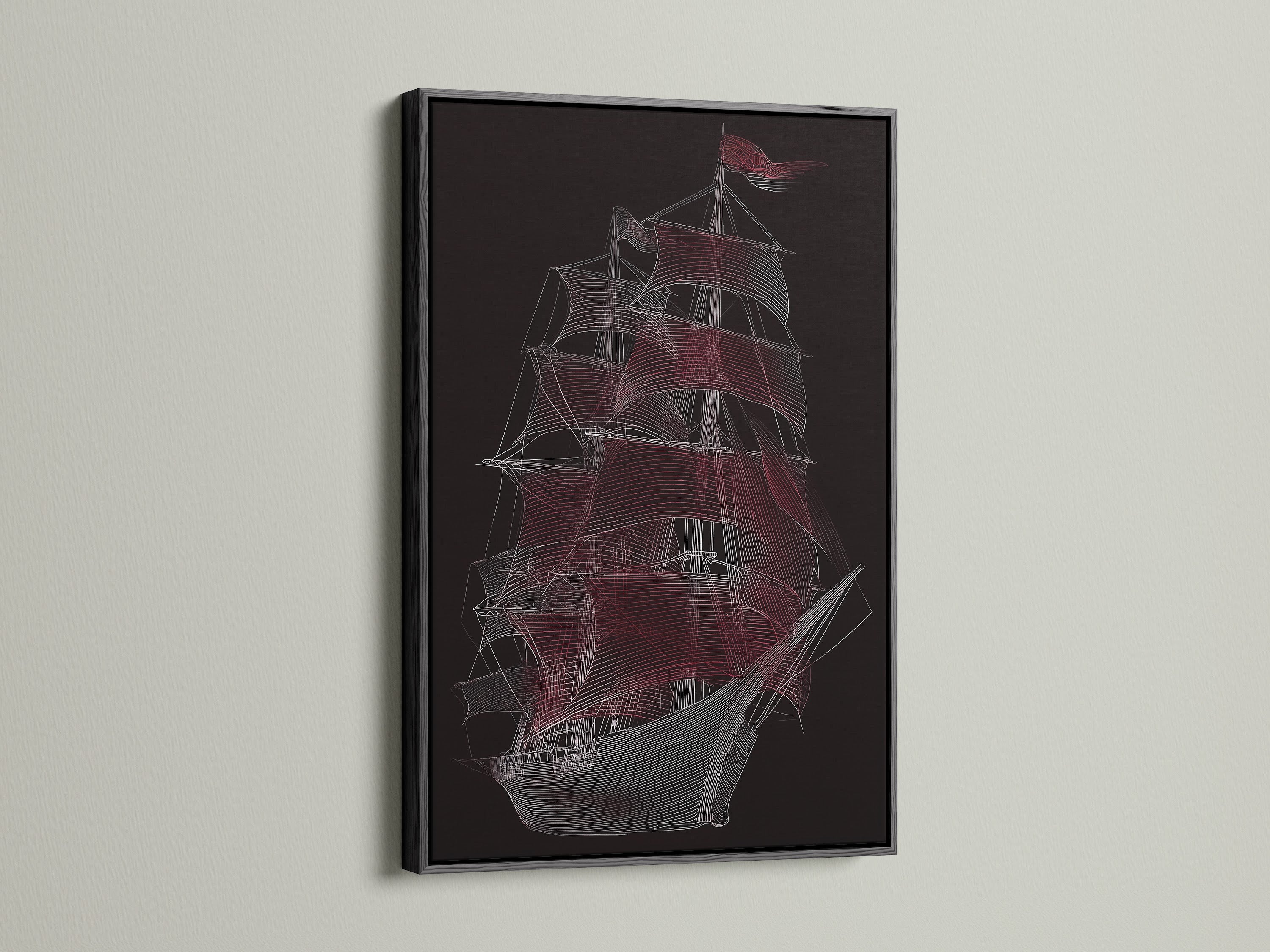 Sailing Ship Wall Art in a Black Frame. This nautical canvas features a vessel wall art piece. A striking line art print ideal for a sailor gift. The black frame provides a bold contrast.