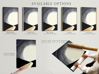 Explore available options for minimalist art. Options include stretched canvas prints fine art poster paper and floating frames. The artwork features an abstract landscape. The colors are beige black and white. Choose the perfect format to complement your decor.