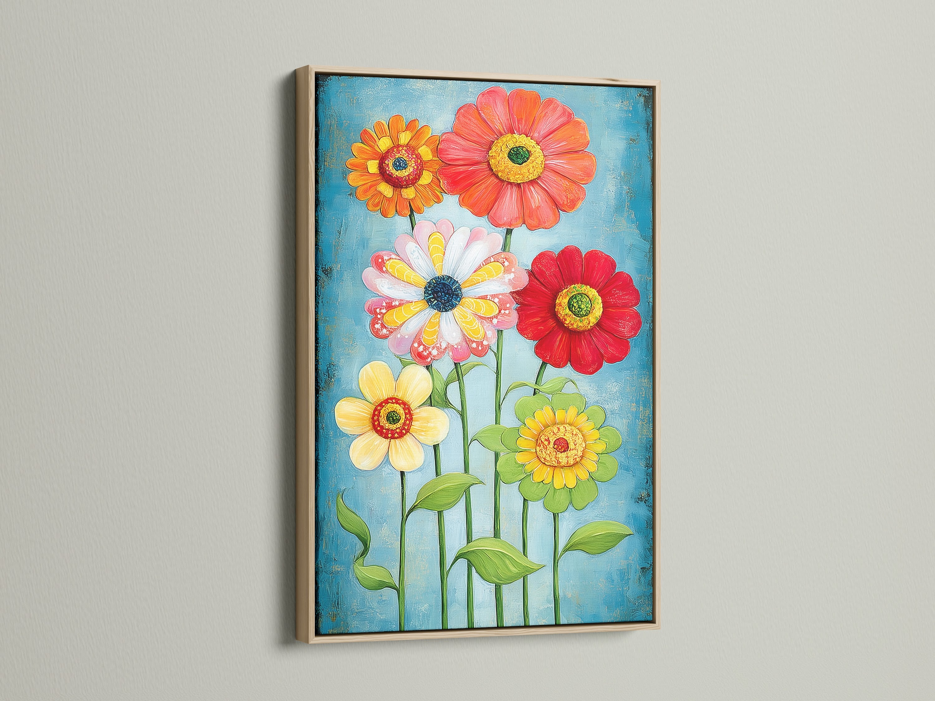 This is a close up of a floral canvas print. The artwork is framed in oak. The colorful flower garden wall art is modern. It is a botanical print that enhances any space. It's ideal for eclectic or cheerful styles.