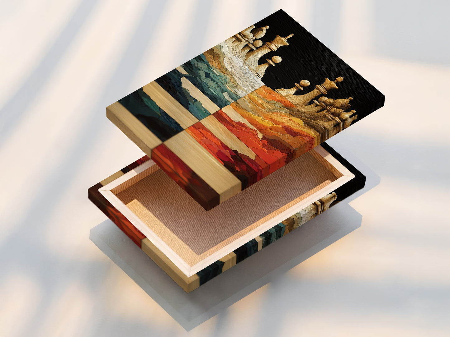 Stretched canvas print of chess art. The modern board game artwork is ready to hang. Teal and orange colors create a captivating piece. Perfect for any wall. High-quality and durable.